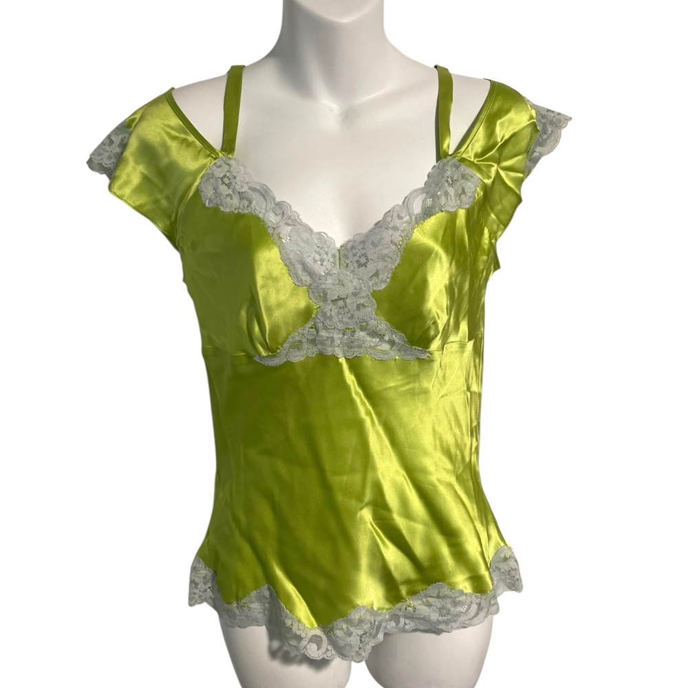 Vintage Y2K Coquette Green Silk Cami Blouse With Lace Size XS Romance Fairy